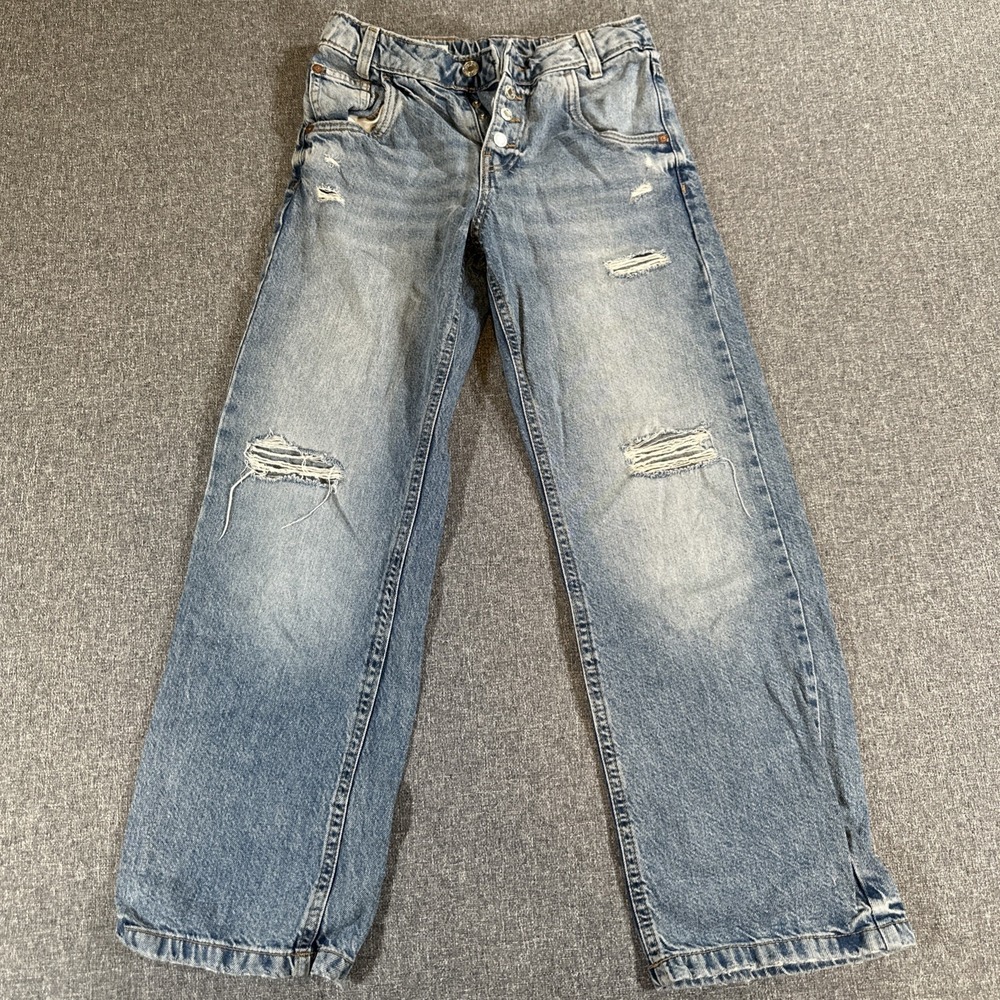 Zara Kids Light Wash Distressed Jeans Size 11-12Y Button Fly Wide Leg Baggy